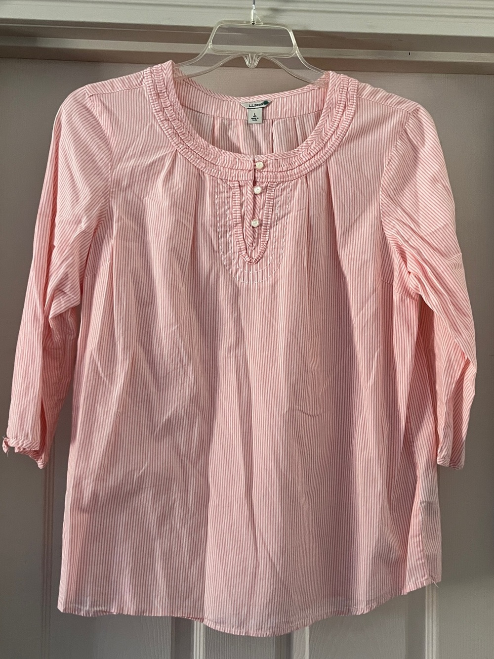 L.L. Bean Coral Pinstripe Peasant 3/4 sleeve Blouse size Large